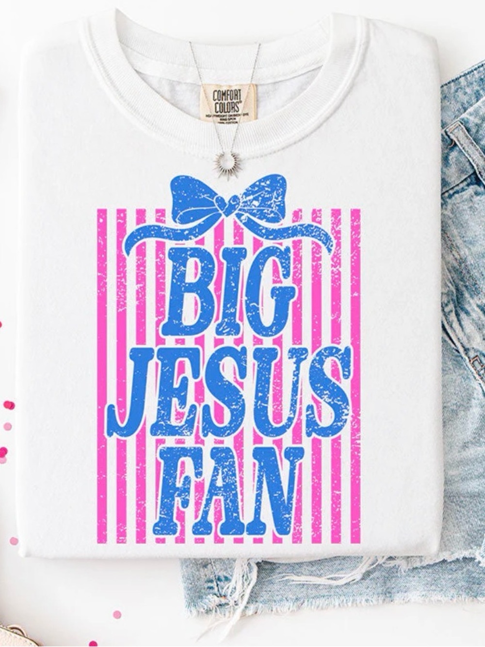 Comfort Colors White Tee with Blue and Pink 'Big Jesus Fan' Graphic